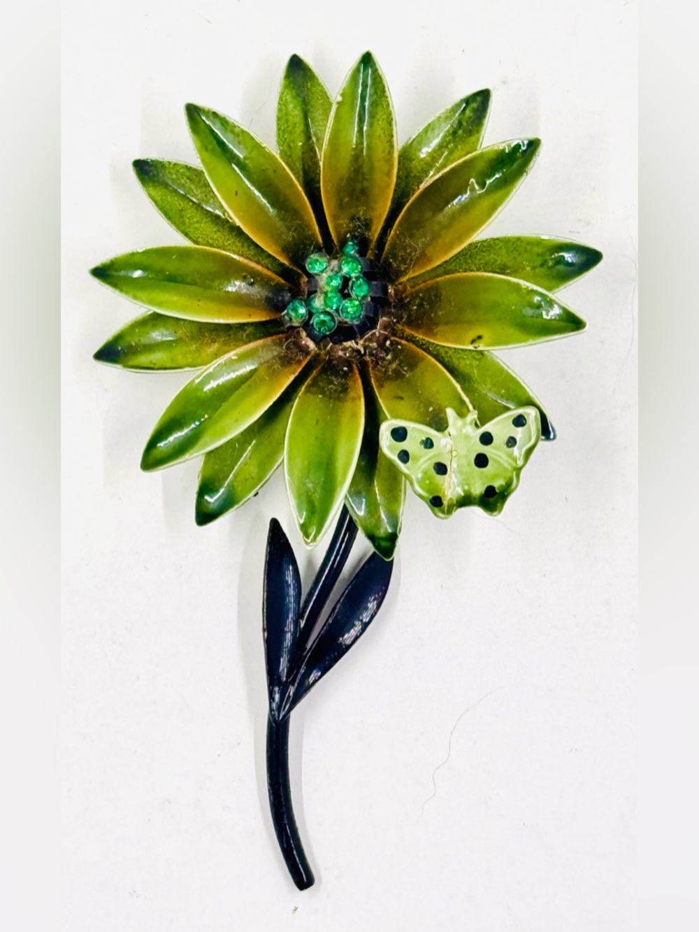 Vintage Dark Green Enamel Flower Brooch W/ Butterfly Accent & Rhinestone Center